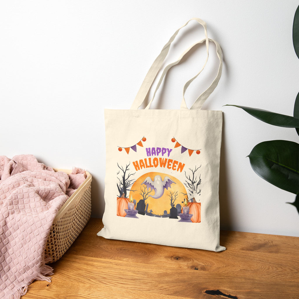 Halloween Tote Bag — "Happy Halloween" Ghost Pumpkin Canvas Tote