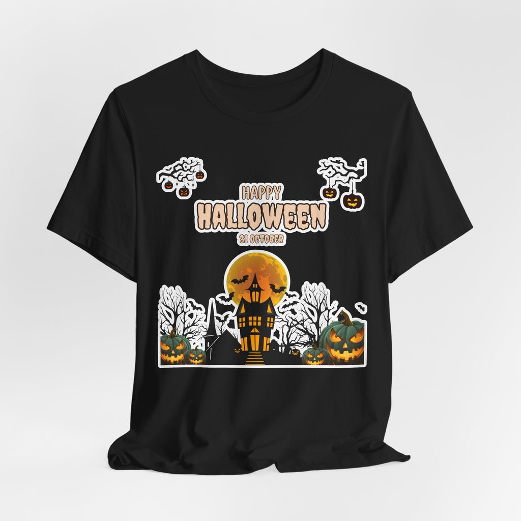 Halloween Haunted House T-Shirt — "Happy Halloween" Pumpkin Spooky Tee