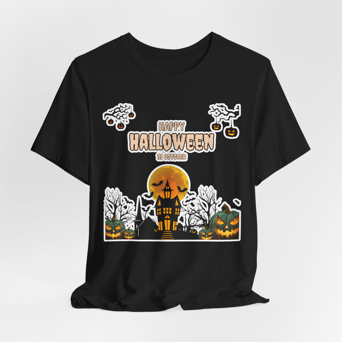 Halloween Haunted House T-Shirt — "Happy Halloween" Pumpkin Spooky Tee