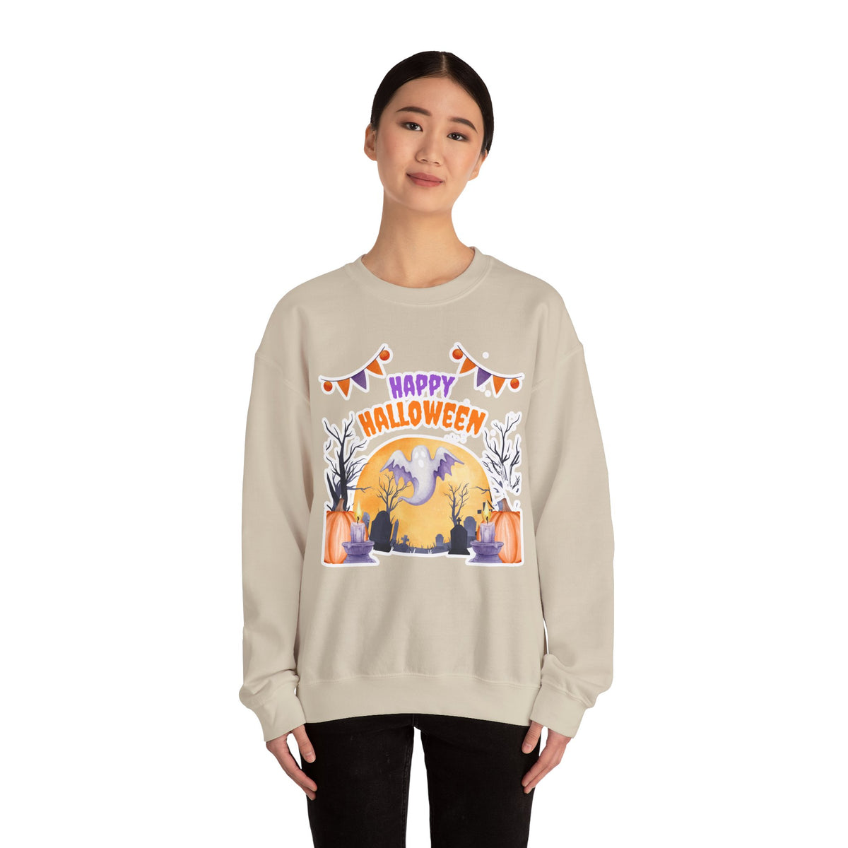 Happy Halloween Crewneck Sweatshirt — Cute Ghost Pumpkin Halloween Sweater