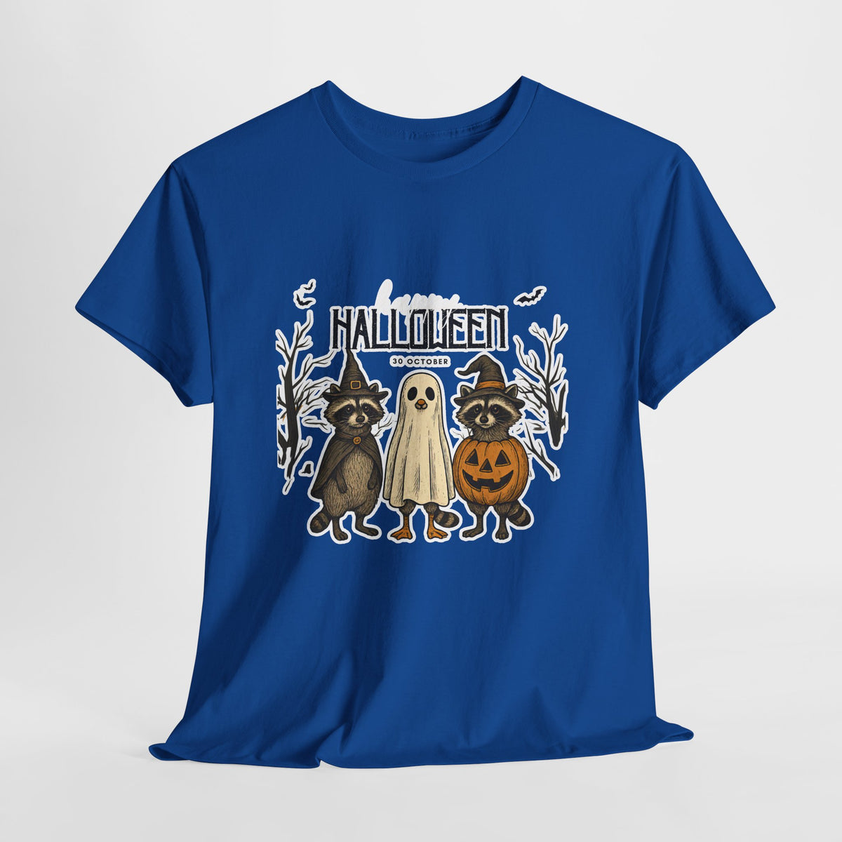 Halloween Raccoon Ghost Pumpkin T‑Shirt — Cute Spooky Costume Trio Tee