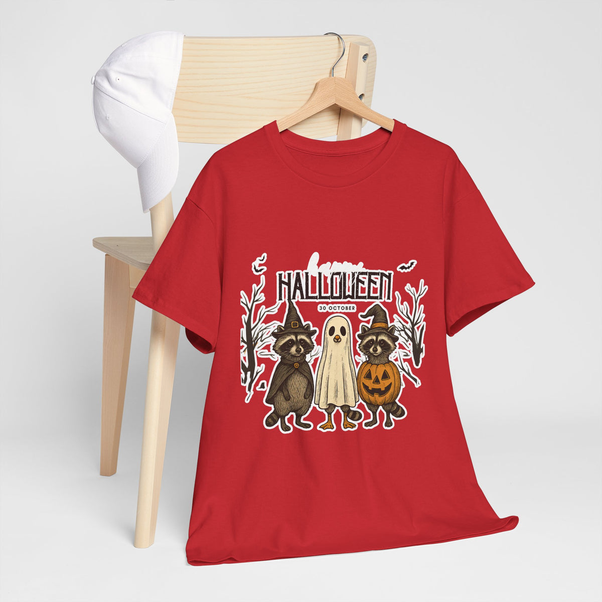 Halloween Raccoon Ghost Pumpkin T‑Shirt — Cute Spooky Costume Trio Tee
