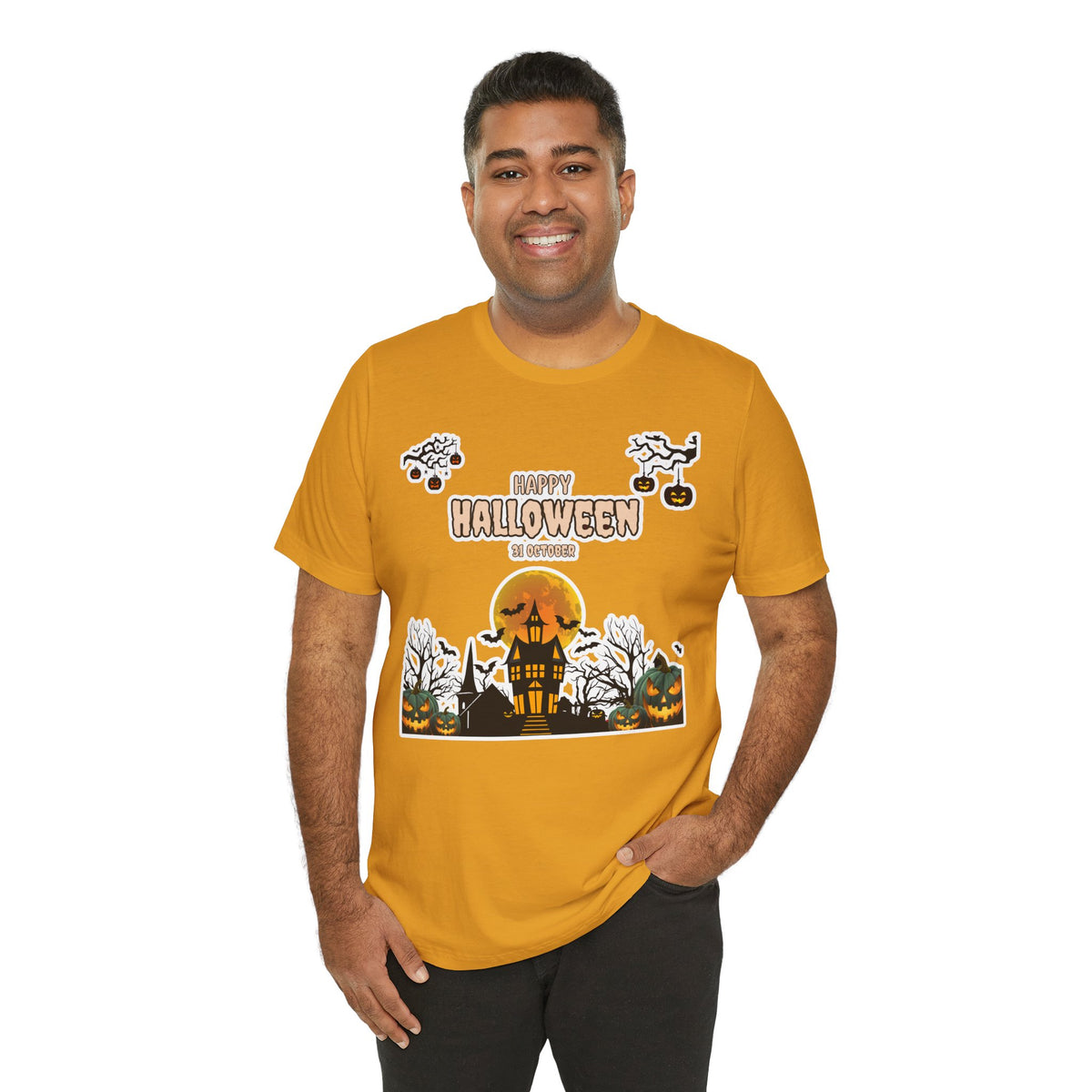 Halloween Haunted House T-Shirt — "Happy Halloween" Pumpkin Spooky Tee