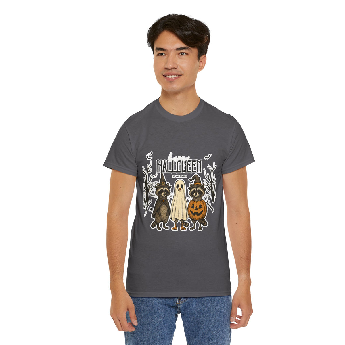 Halloween Raccoon Ghost Pumpkin T‑Shirt — Cute Spooky Costume Trio Tee