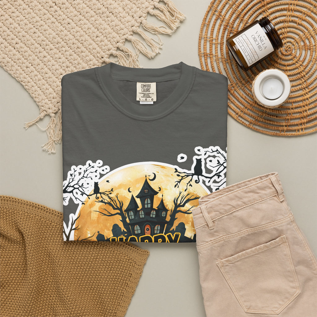 Halloween Haunted House T-Shirt — "Happy Halloween" Pumpkin Graphic Tee