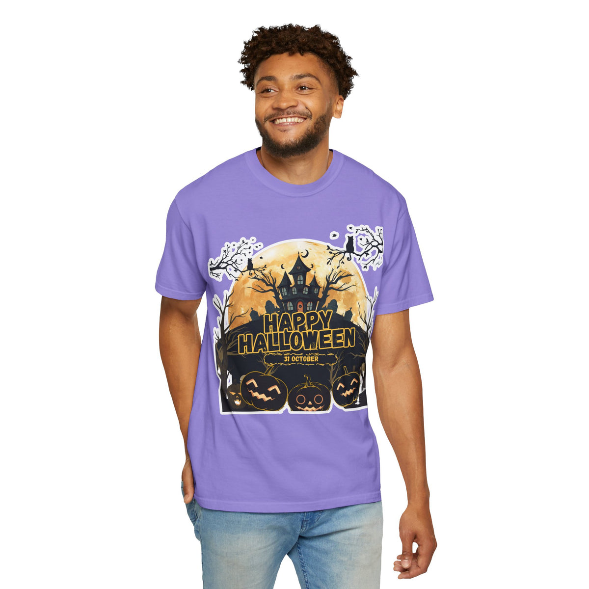 Halloween Haunted House T-Shirt — "Happy Halloween" Pumpkin Graphic Tee