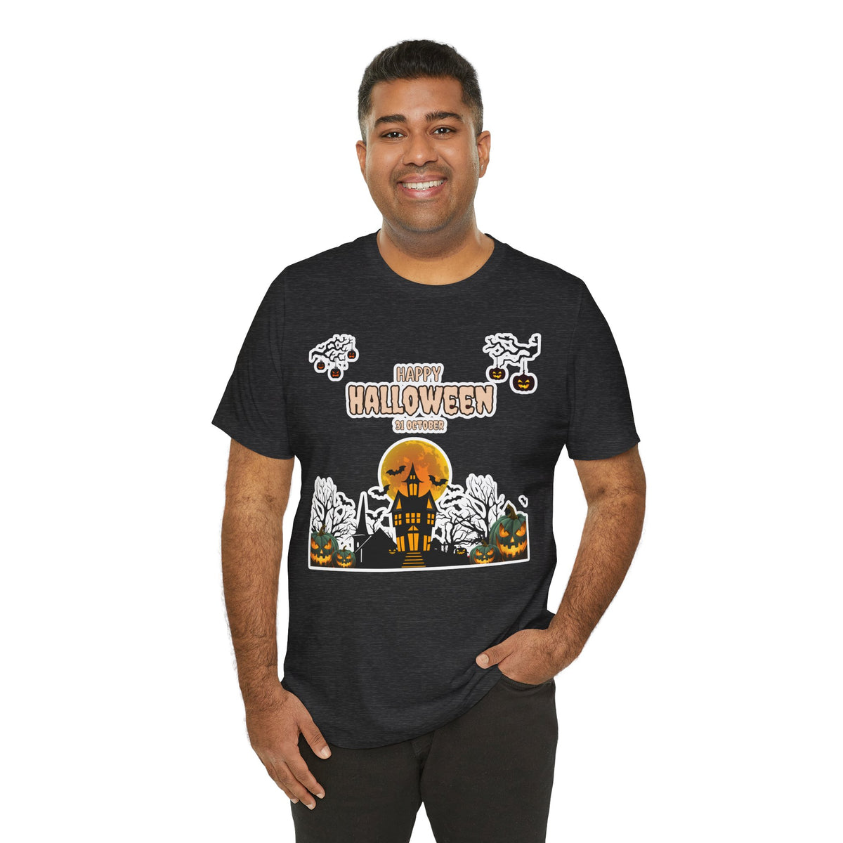Halloween Haunted House T-Shirt — "Happy Halloween" Pumpkin Spooky Tee