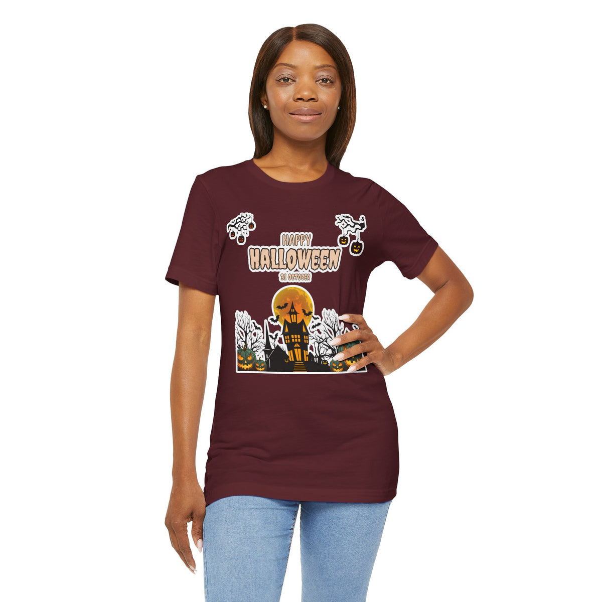 Halloween Haunted House T-Shirt — "Happy Halloween" Pumpkin Spooky Tee