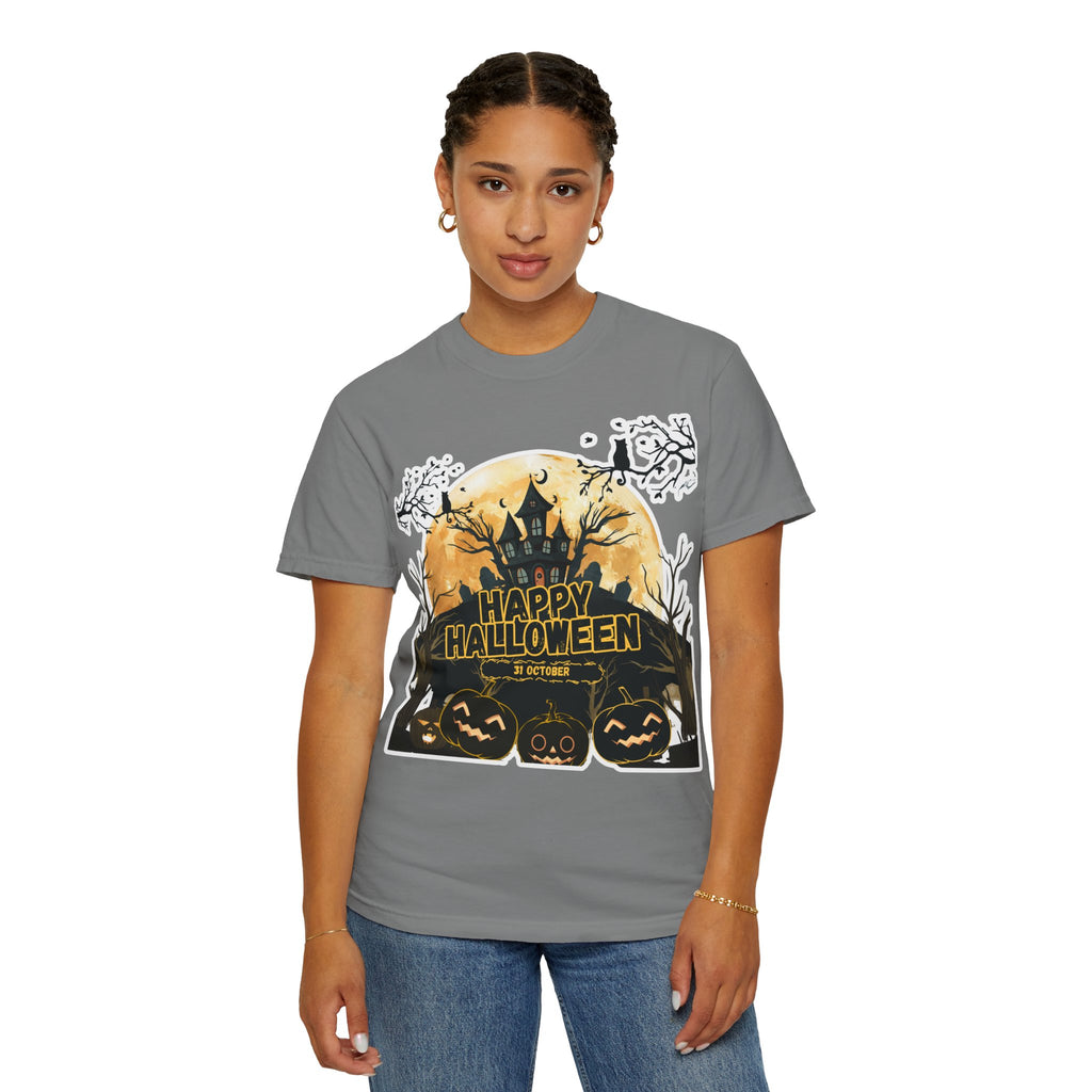 Halloween Haunted House T-Shirt — "Happy Halloween" Pumpkin Graphic Tee