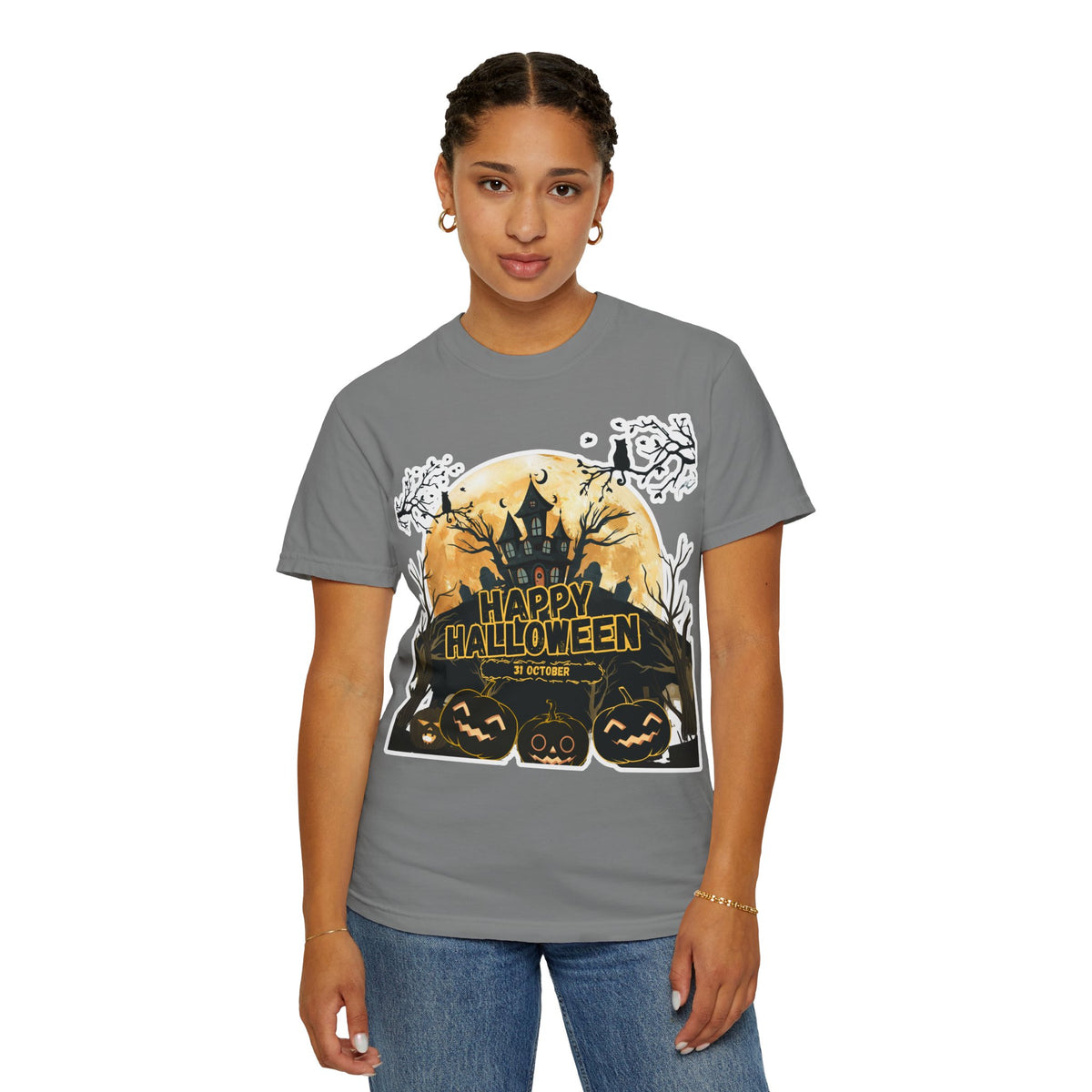 Halloween Haunted House T-Shirt — "Happy Halloween" Pumpkin Graphic Tee