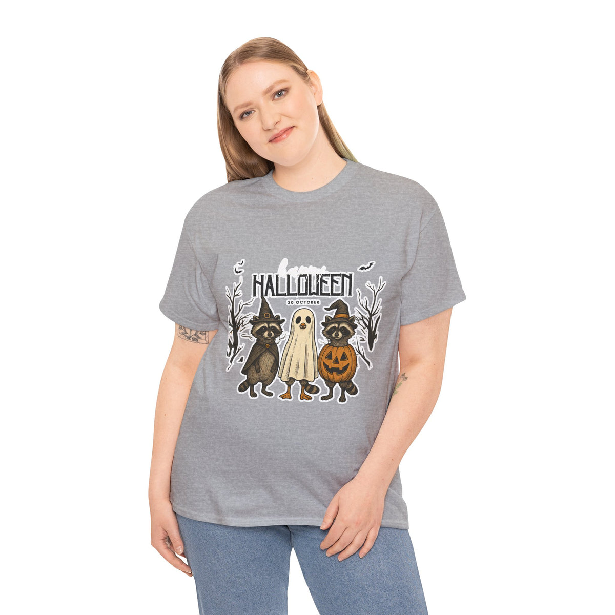 Halloween Raccoon Ghost Pumpkin T‑Shirt — Cute Spooky Costume Trio Tee