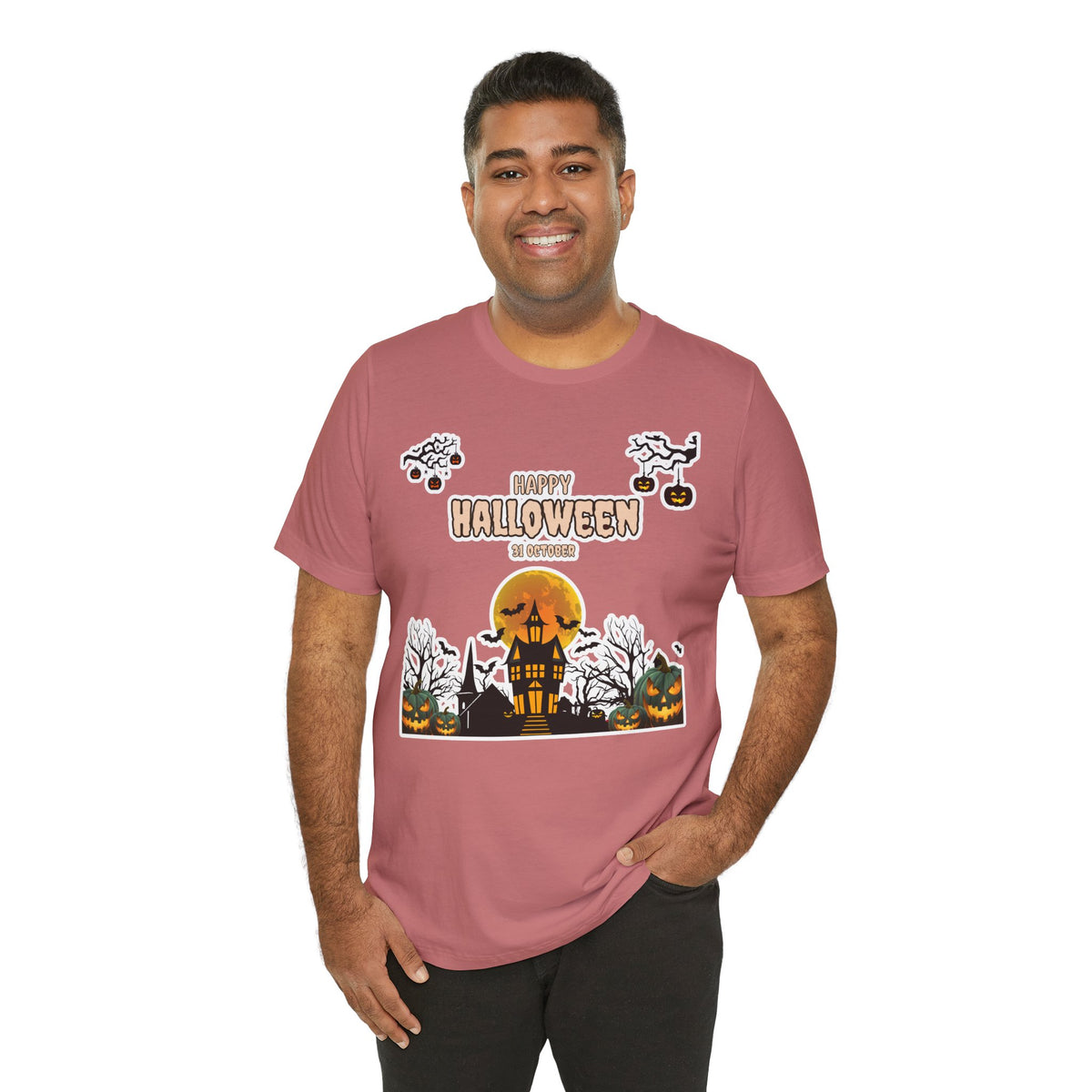 Halloween Haunted House T-Shirt — "Happy Halloween" Pumpkin Spooky Tee