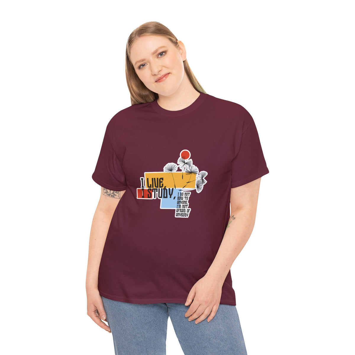 T-Shirt — I Live, I Study Graphic Tee (Minimalist Floral Collage)