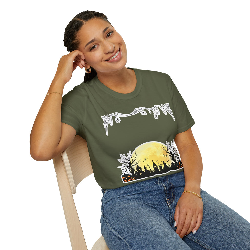 Halloween Moon Silhouette T-Shirt — Spooky Graveyard Pumpkin Scene