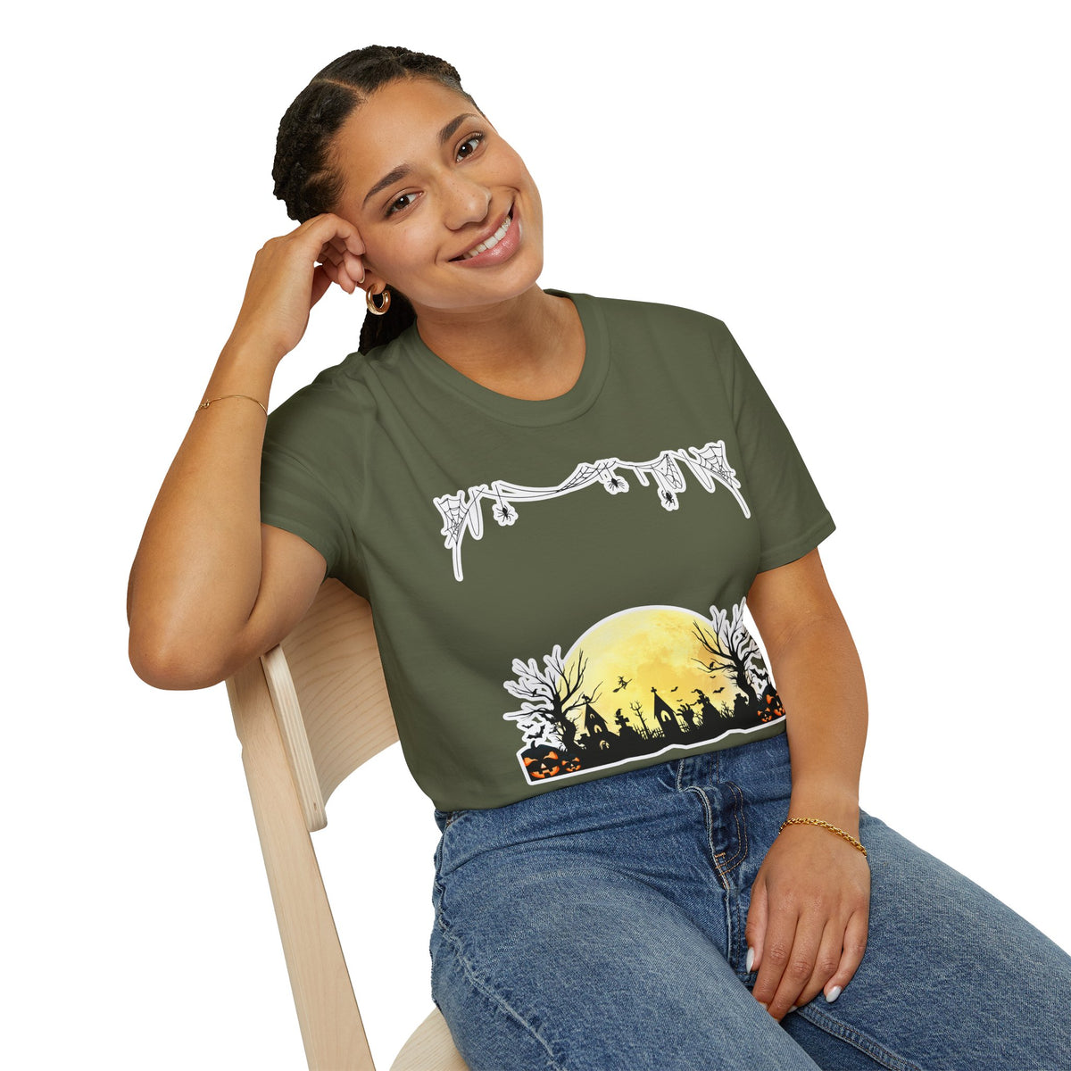 Halloween Moon Silhouette T-Shirt — Spooky Graveyard Pumpkin Scene