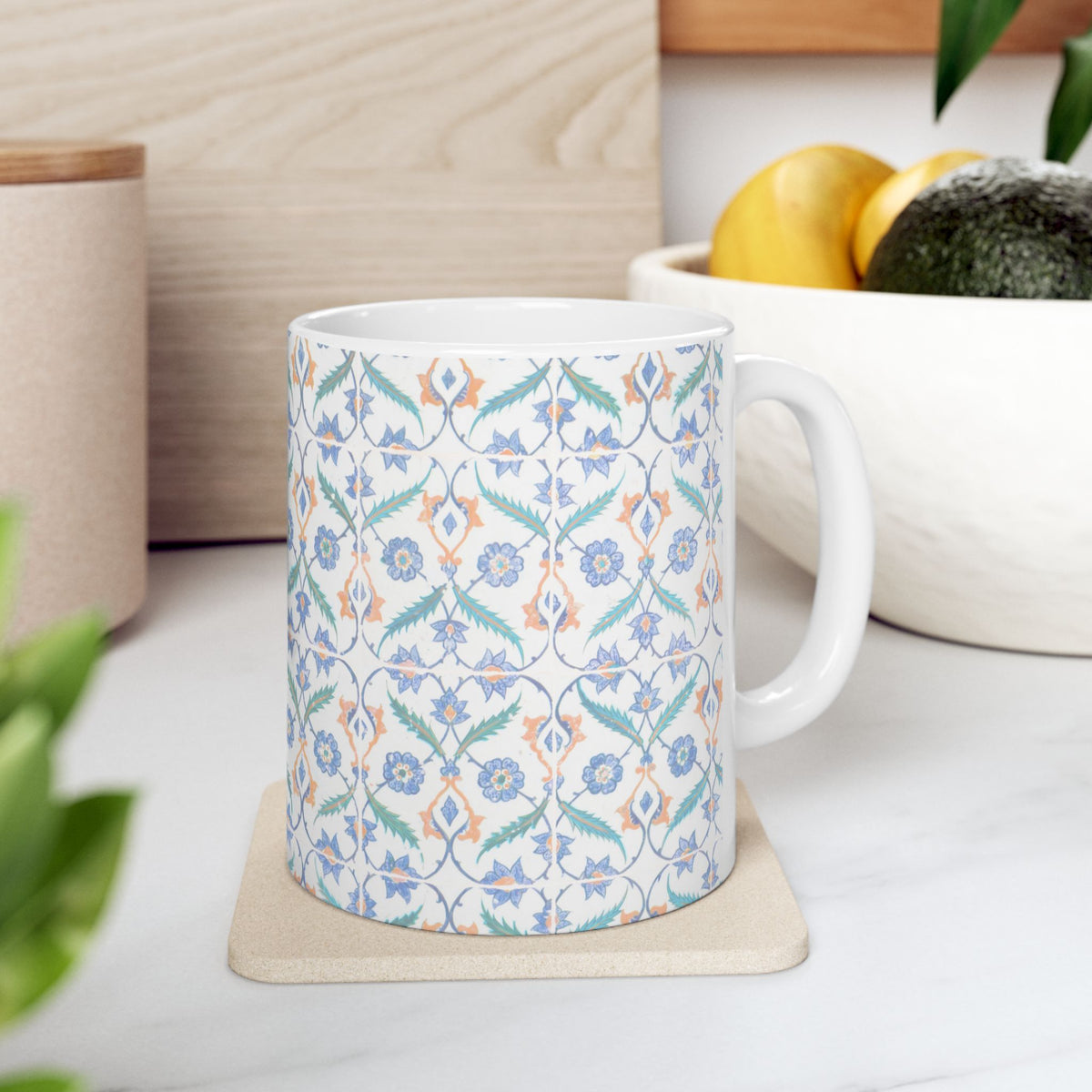 Floral Tile Pattern Ceramic Mug – Blue & Orange Decorative Coffee Cup (11oz/15oz)