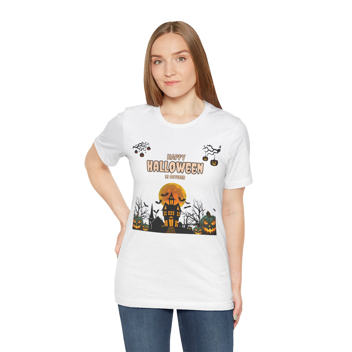 Halloween Haunted House T-Shirt — "Happy Halloween" Pumpkin Spooky Tee