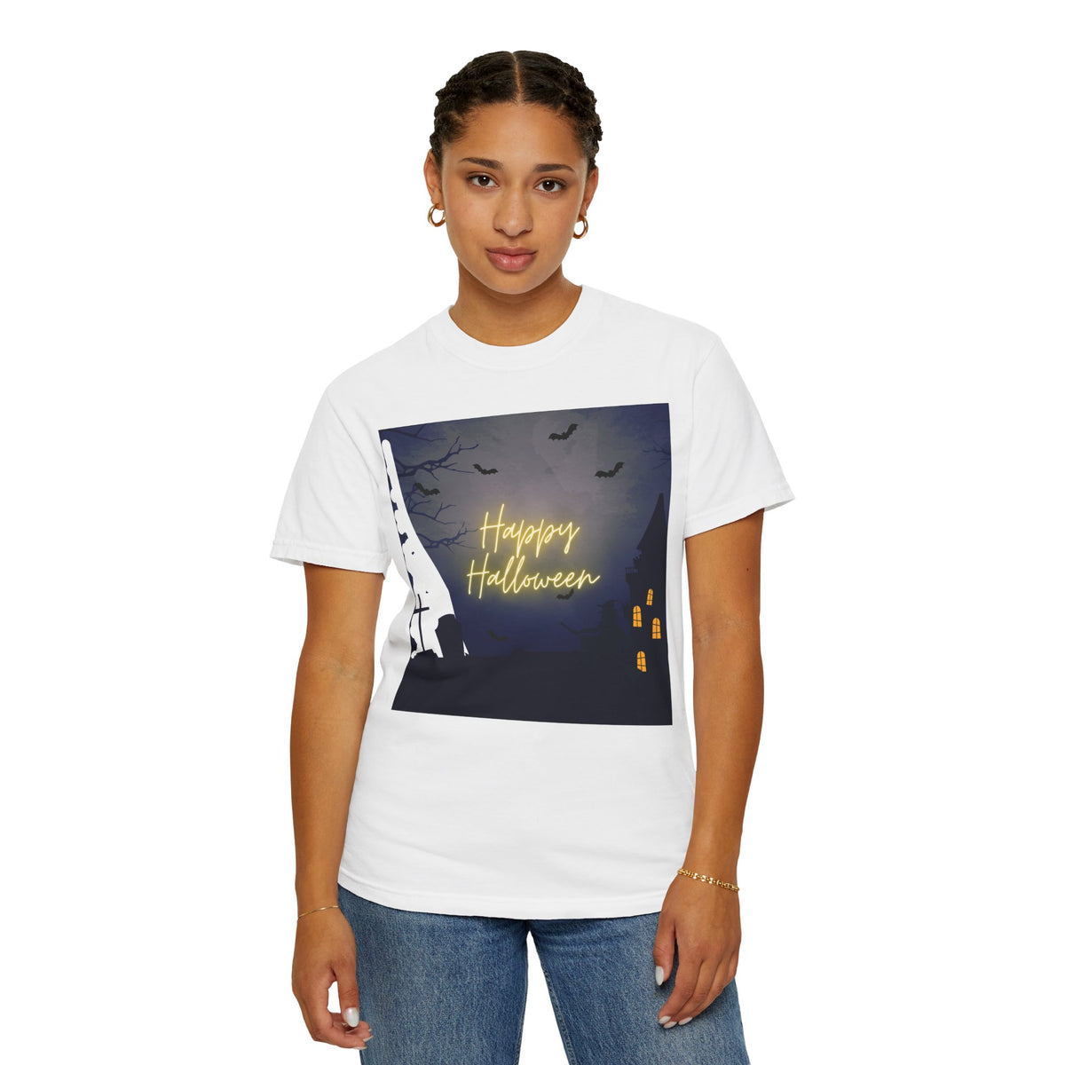 Halloween Night T-Shirt — "Happy Halloween" Haunted Graveyard Design